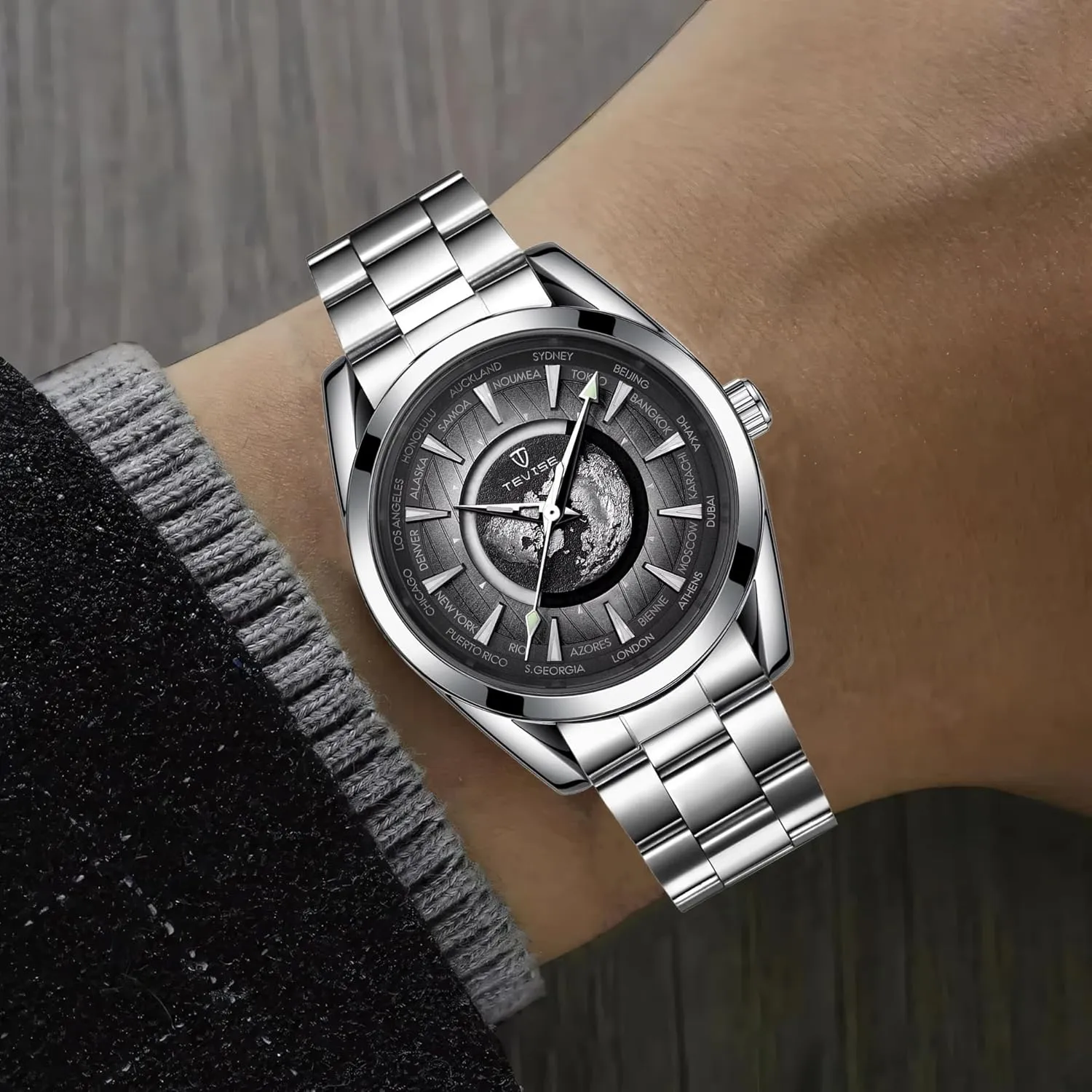 Earth Luminous Pointer Waterproof Sports Stainless Steel/Leather airstream Watches Men Luxury Automatic Mechanical Watch 