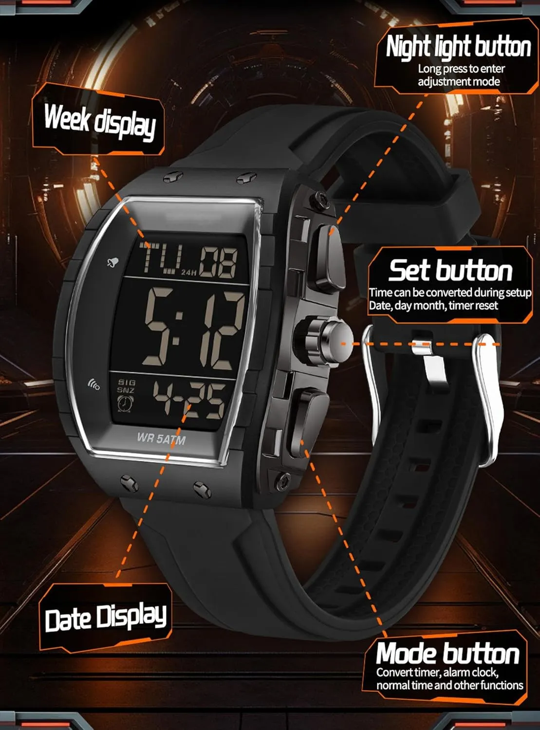 Easy Read Fashion Birthdays Gift for Him Mens Watches Men Digital Watches Dual Time Zone with LED Backlight Alarm Stopwatch Silicone Strap 5ATM Waterproof for priest surround breathless genius sage infancy Travel/Sport/Business 