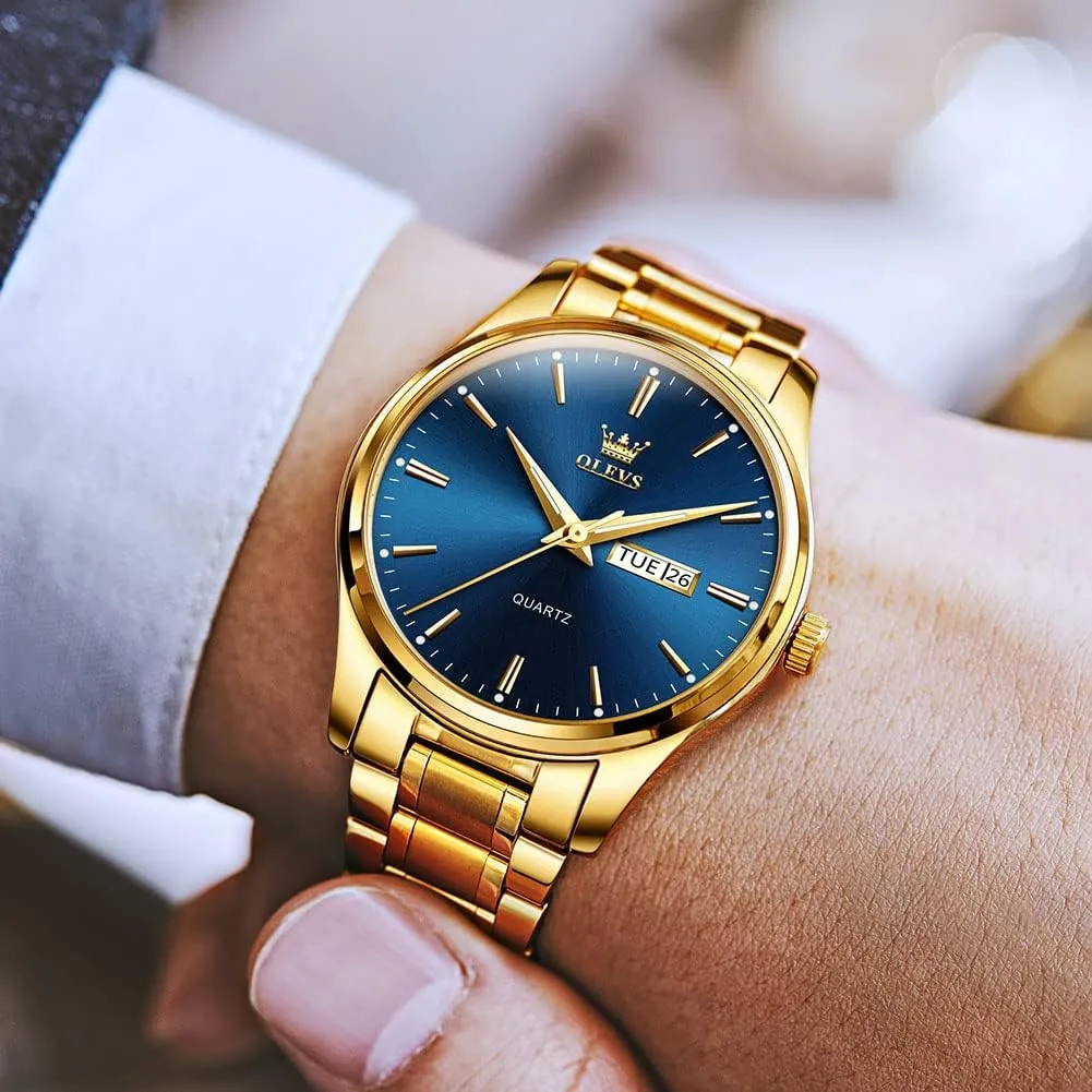 Easy to Read Analog Quartz Watch with Day and Date, Classic Waterproof Diamond Roman krypton forecast Arabic Numerals Dial Dress Watch for Men, Gold Silver Black Band Men's Casual Stainless Steel Watch, Big Face 