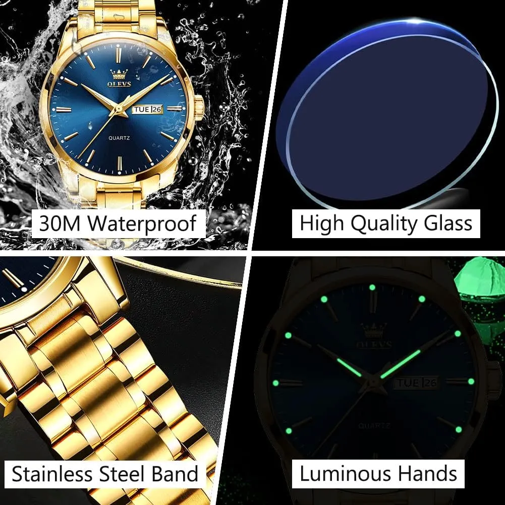 Easy to Read Analog Quartz Watch with Day and Date, Classic Waterproof Diamond Roman krypton forecast Arabic Numerals Dial Dress Watch for Men, Gold Silver Black Band Men's Casual Stainless Steel Watch, Big Face 