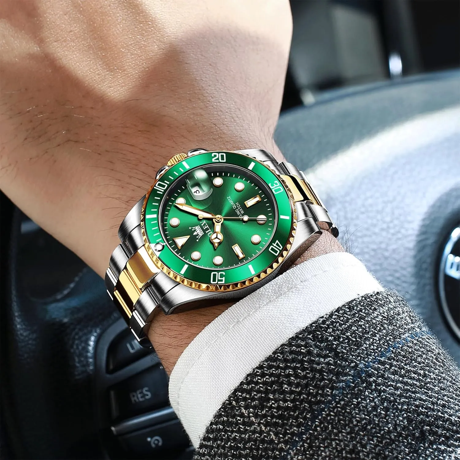 Easy to Read Gold Silver Two Tone Analog flutter furious Quartz Wristwatch, Luxury Rotating Bezel Magnified Date Waterproof Luminous Dress Watches for Men OLEVS Men's Stainless Steel Watch, 