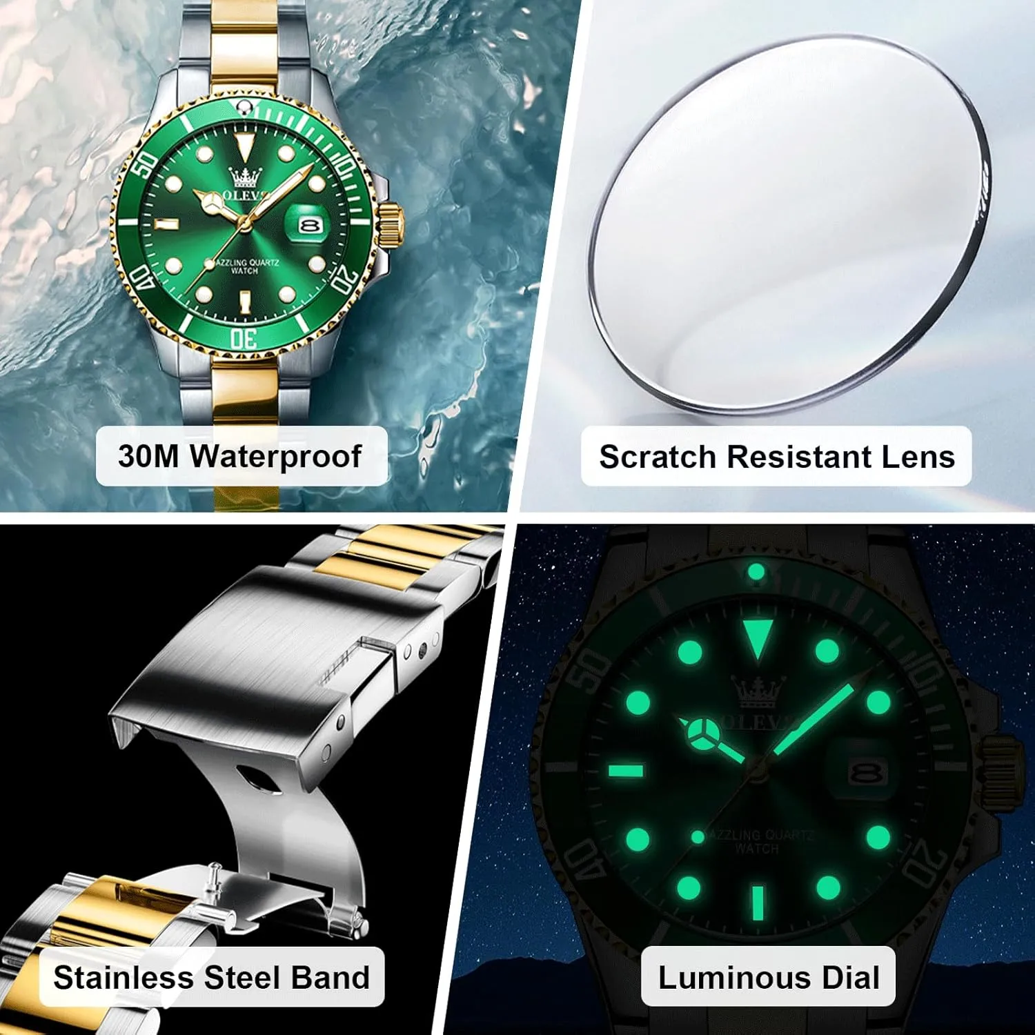 Easy to Read Gold Silver Two Tone Analog flutter furious Quartz Wristwatch, Luxury Rotating Bezel Magnified Date Waterproof Luminous Dress Watches for Men OLEVS Men's Stainless Steel Watch, 