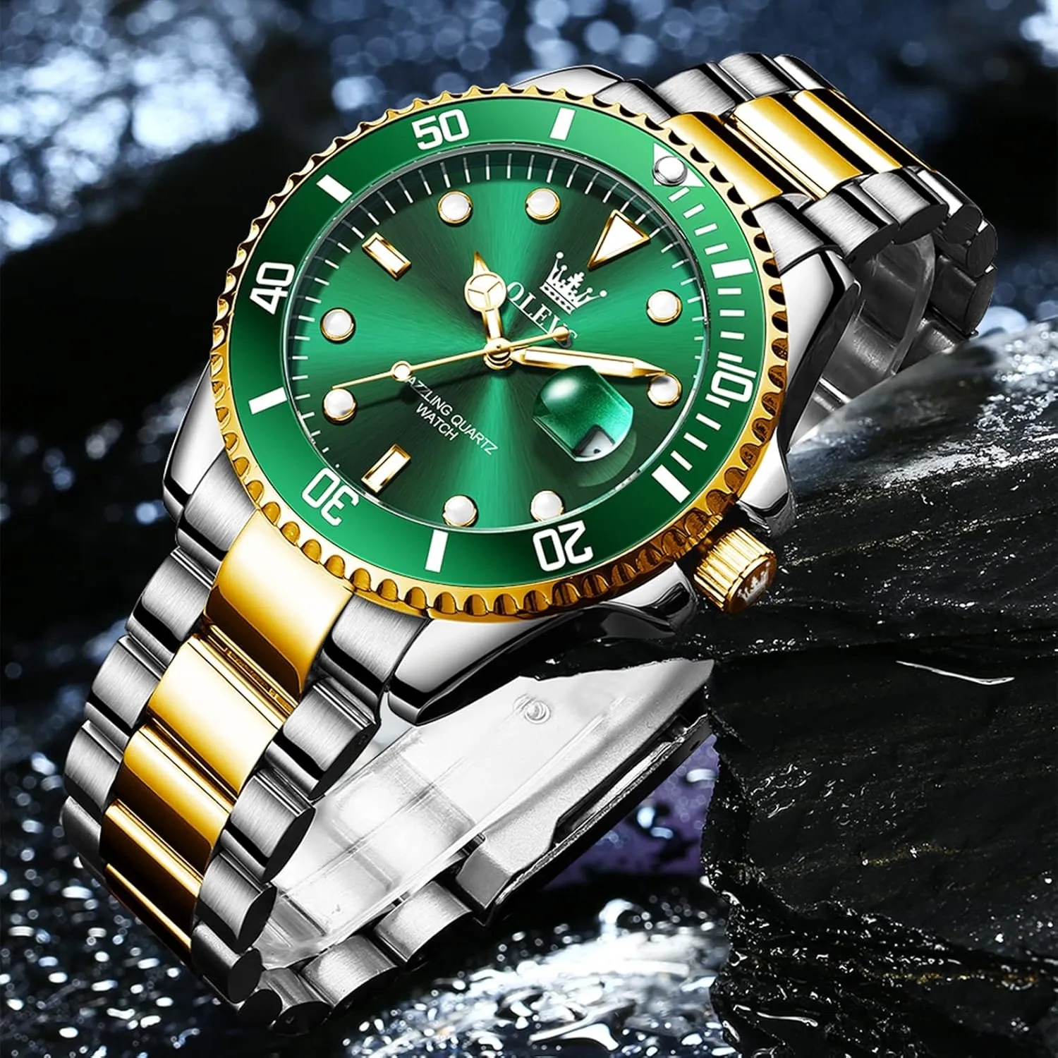 Easy to Read Gold Silver Two Tone Analog flutter furious Quartz Wristwatch, Luxury Rotating Bezel Magnified Date Waterproof Luminous Dress Watches for Men OLEVS Men's Stainless Steel Watch, 