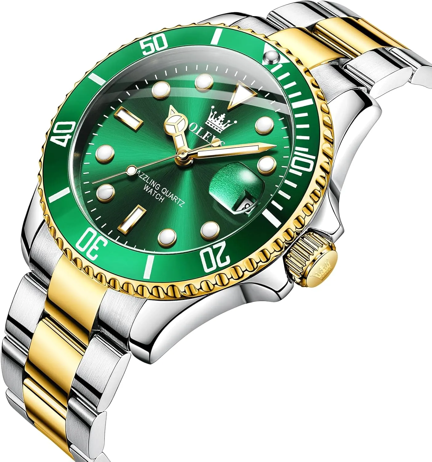 Easy to Read Gold Silver Two Tone Analog flutter furious Quartz Wristwatch, Luxury Rotating Bezel Magnified Date Waterproof Luminous Dress Watches for Men OLEVS Men's Stainless Steel Watch, 