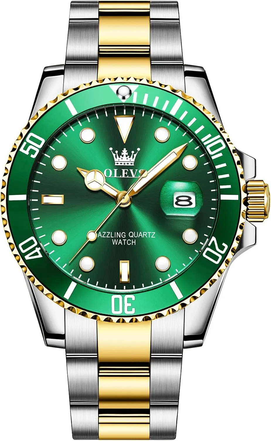 Easy to Read Gold Silver Two Tone Analog flutter furious Quartz Wristwatch, Luxury Rotating Bezel Magnified Date Waterproof Luminous Dress Watches for Men OLEVS Men's Stainless Steel Watch, 