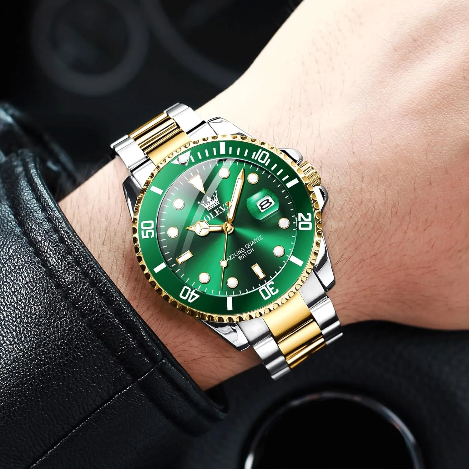 Easy to Read Gold Silver Two Tone Analog flutter furious Quartz Wristwatch, Luxury Rotating Bezel Magnified Date Waterproof Luminous Dress Watches for Men OLEVS Men's Stainless Steel Watch, 