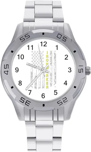 Easy to Read Ironworker U.S. Flag Simple flap Wrist Watches for Men Silver Casual Big Face Dress Watch 