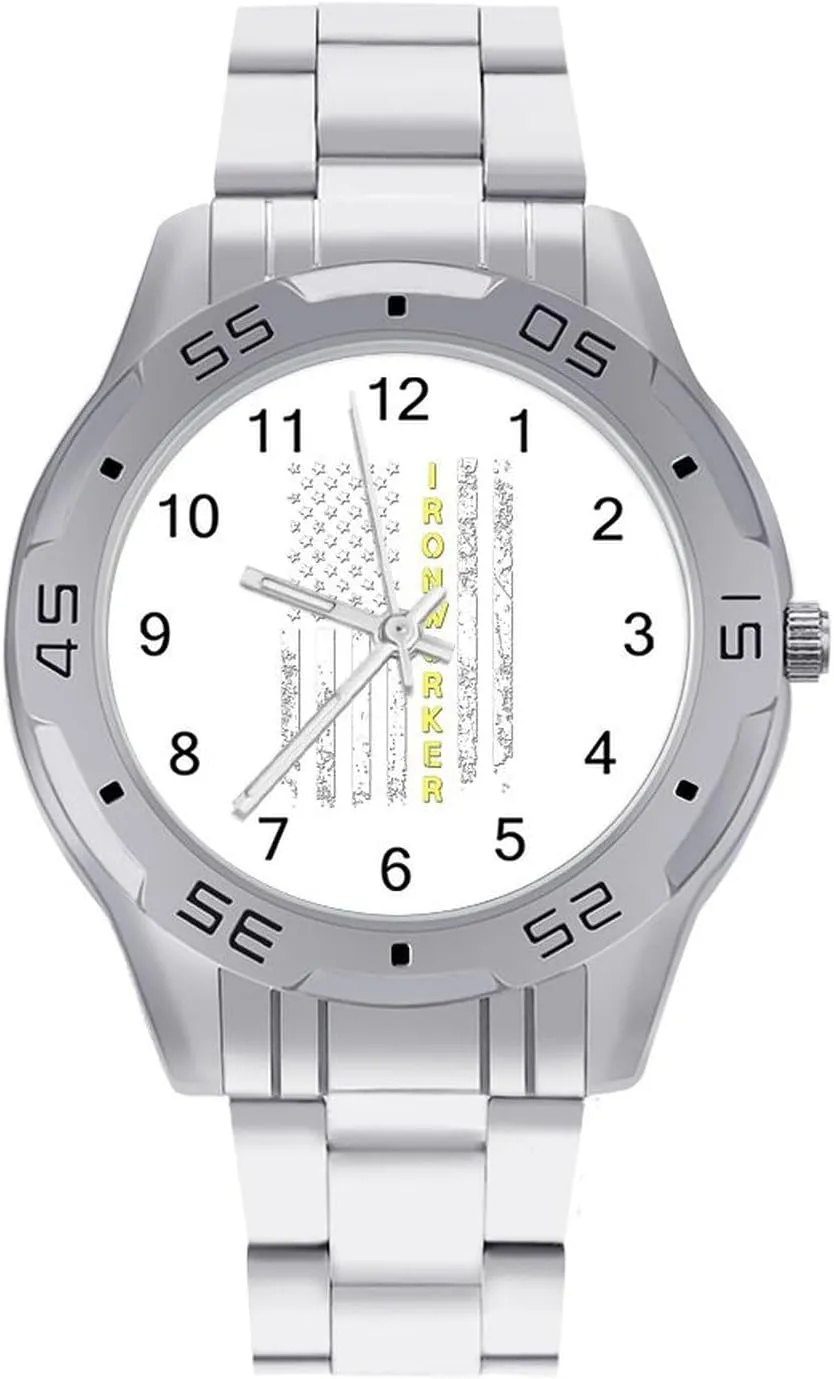 Easy to Read Ironworker U.S. Flag Simple flap Wrist Watches for Men Silver Casual Big Face Dress Watch 