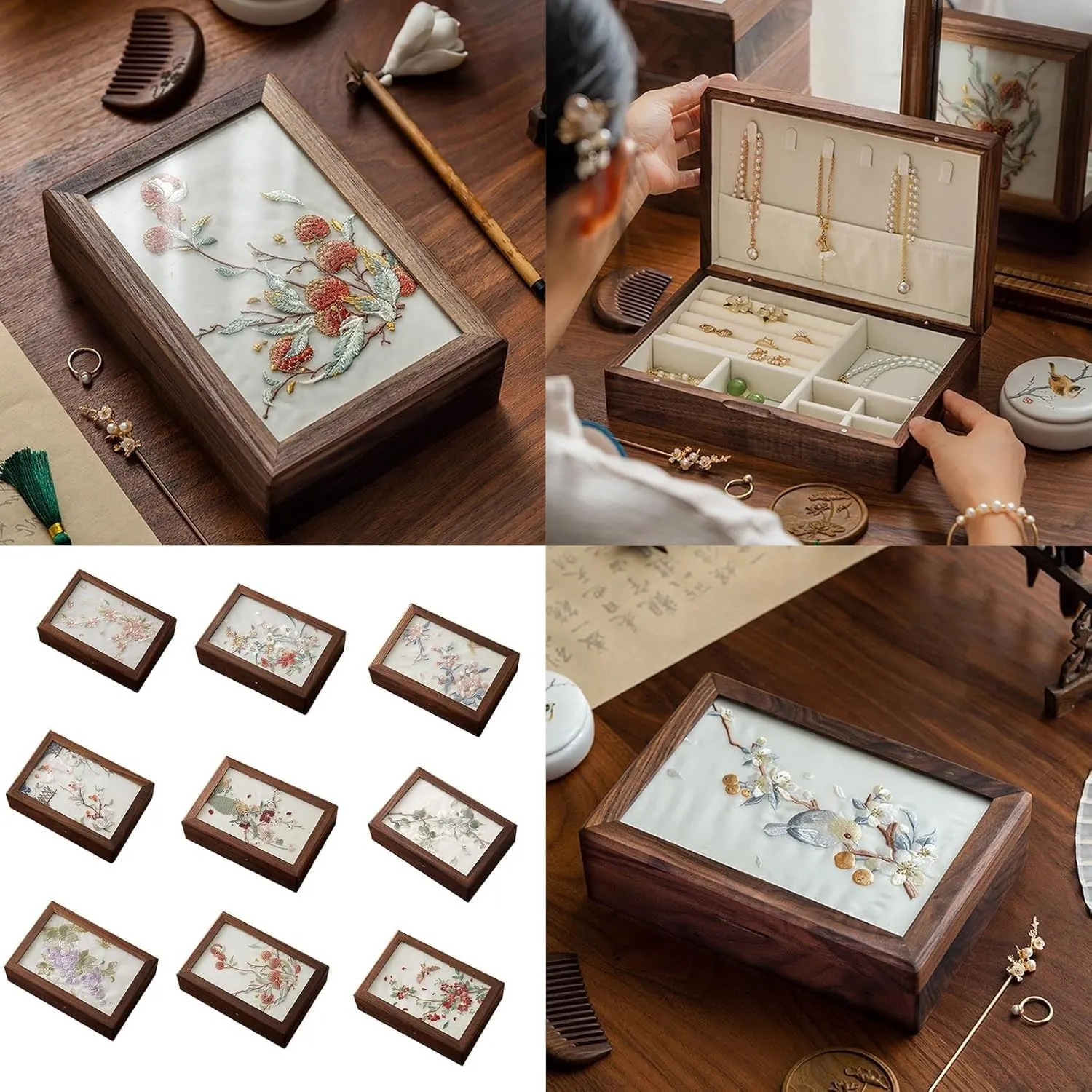 Elegant Necklaces Holder Accessory Storage Box(Multi-color) Wood Box with Embroidery for Jewelry sideways diminish and Watch 
