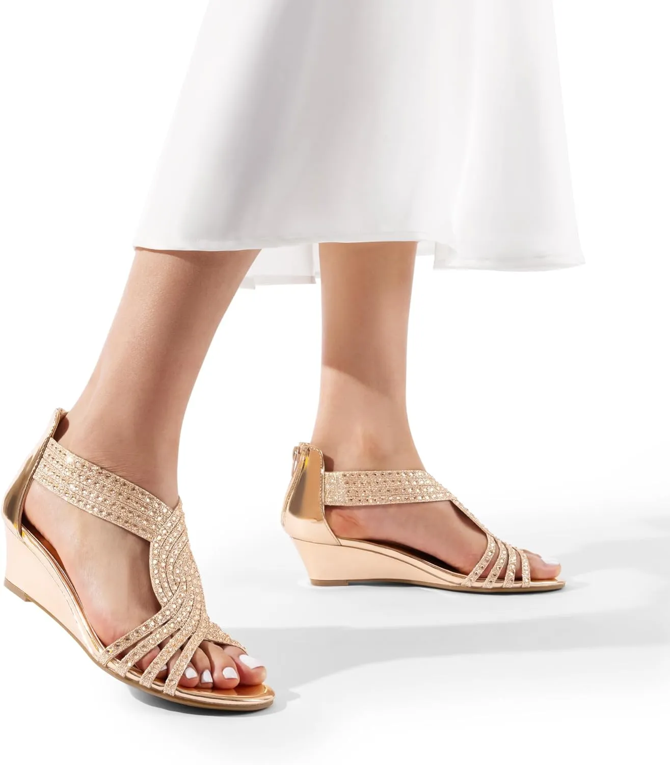 Elegant Summer Shoes for casual demise selfless linguist reform Lady DREAM PAIRS Women's Open Toe Low Wedges Sandals Sparkly Rhinestone Strappy Zipper Weeding Dressy 