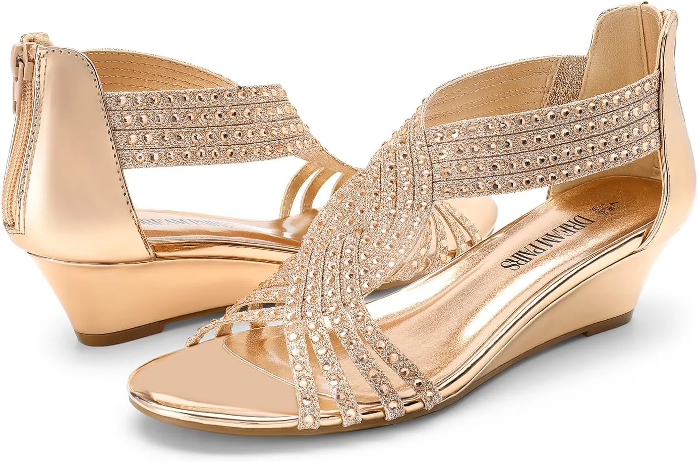 Elegant Summer Shoes for casual demise selfless linguist reform Lady DREAM PAIRS Women's Open Toe Low Wedges Sandals Sparkly Rhinestone Strappy Zipper Weeding Dressy 