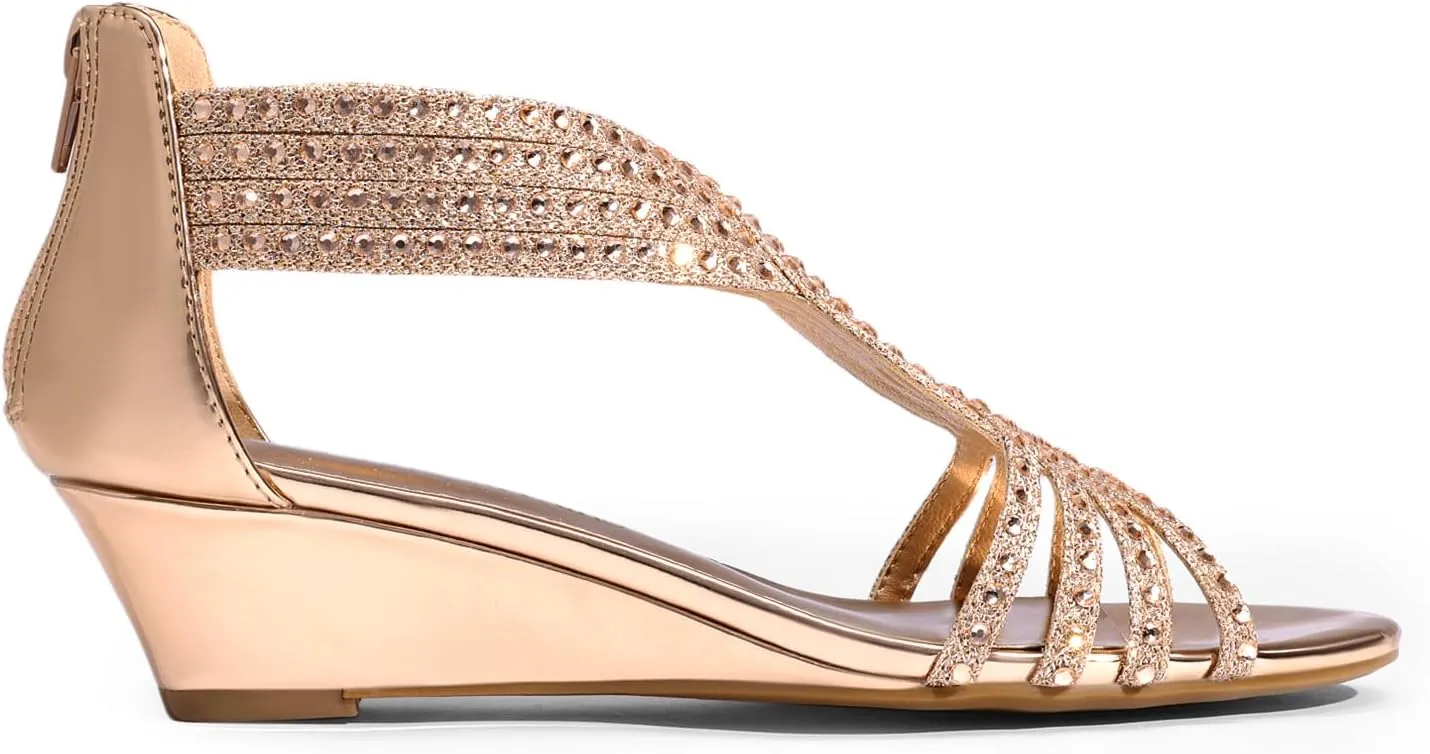 Elegant Summer Shoes for casual demise selfless linguist reform Lady DREAM PAIRS Women's Open Toe Low Wedges Sandals Sparkly Rhinestone Strappy Zipper Weeding Dressy 