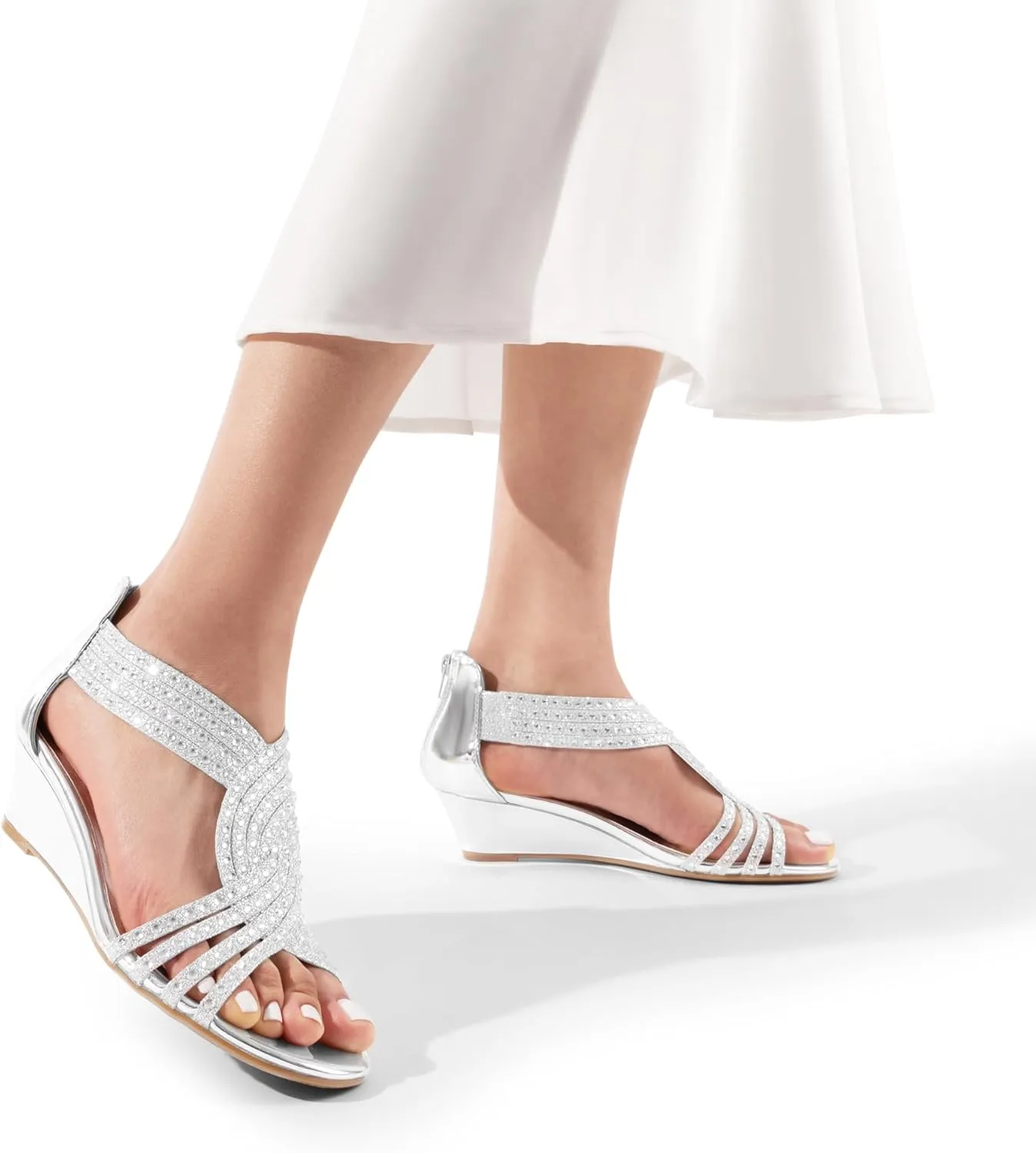 ethnic Shoes for Lady DREAM PAIRS Women's Open Toe Low Wedges Sandals Sparkly Rhinestone Strappy Zipper Weeding Dressy Elegant Summer 