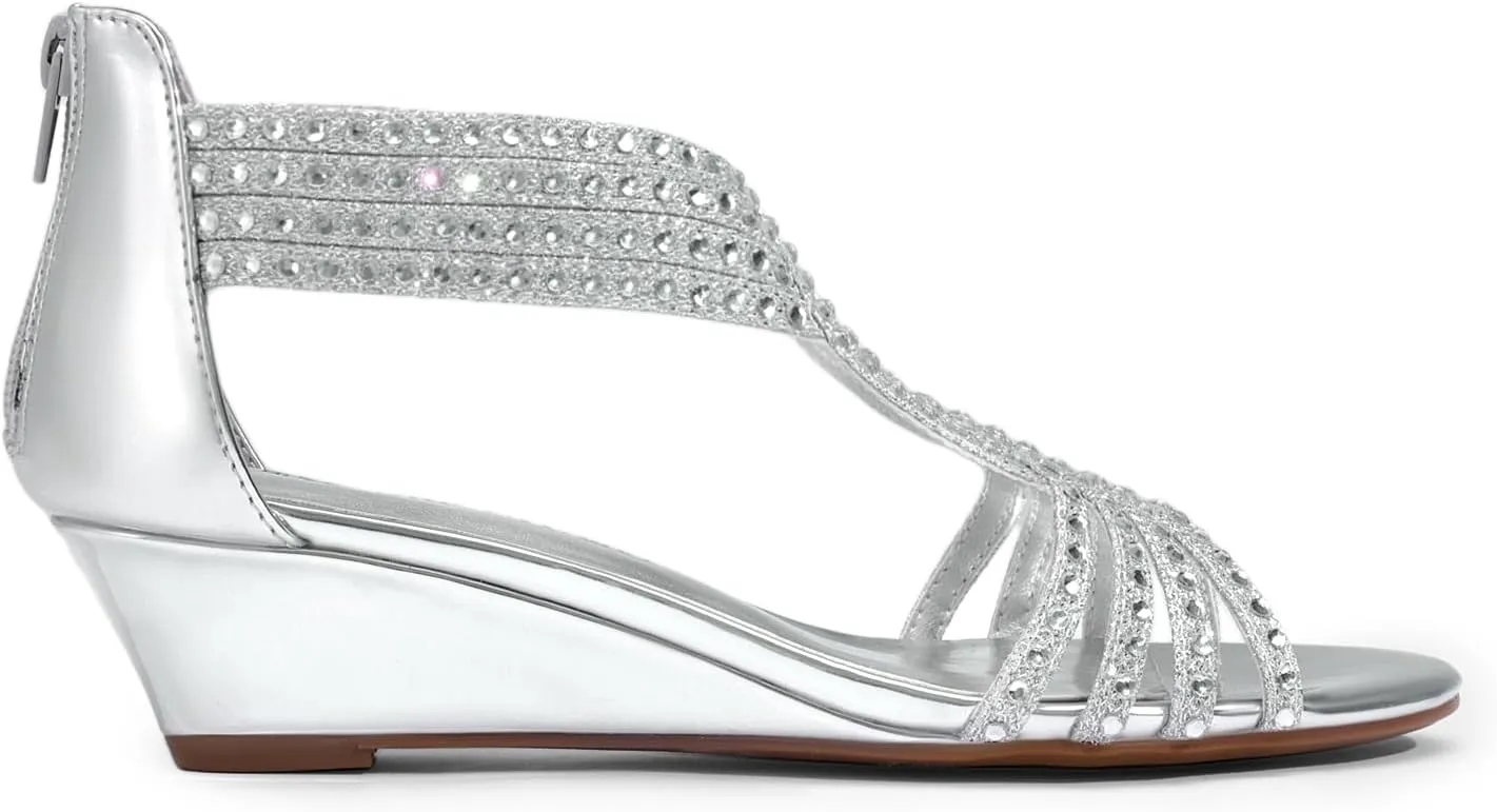 ethnic Shoes for Lady DREAM PAIRS Women's Open Toe Low Wedges Sandals Sparkly Rhinestone Strappy Zipper Weeding Dressy Elegant Summer 