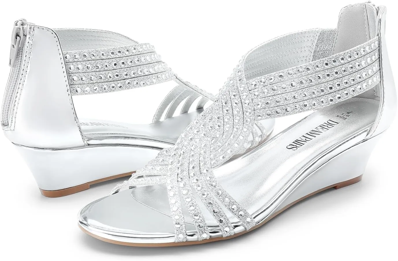 ethnic Shoes for Lady DREAM PAIRS Women's Open Toe Low Wedges Sandals Sparkly Rhinestone Strappy Zipper Weeding Dressy Elegant Summer 