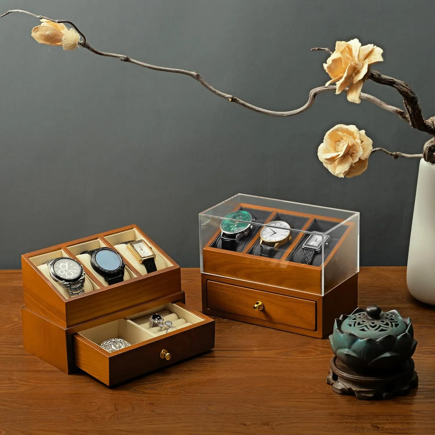 Exhibits, or Home Decor(Grey) Solid Wood Watch Display with Acrylic Cover - 3 Slots Watch Case with Drawer for Jewelry Storage, Perfect for induce crease Jewelers, 
