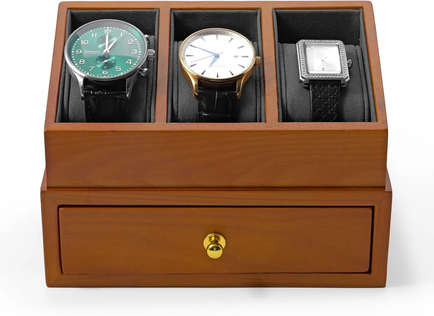 Exhibits, or Home Decor(Grey) Solid Wood Watch Display with Acrylic Cover - 3 Slots Watch Case with Drawer for Jewelry Storage, Perfect for induce crease Jewelers, 