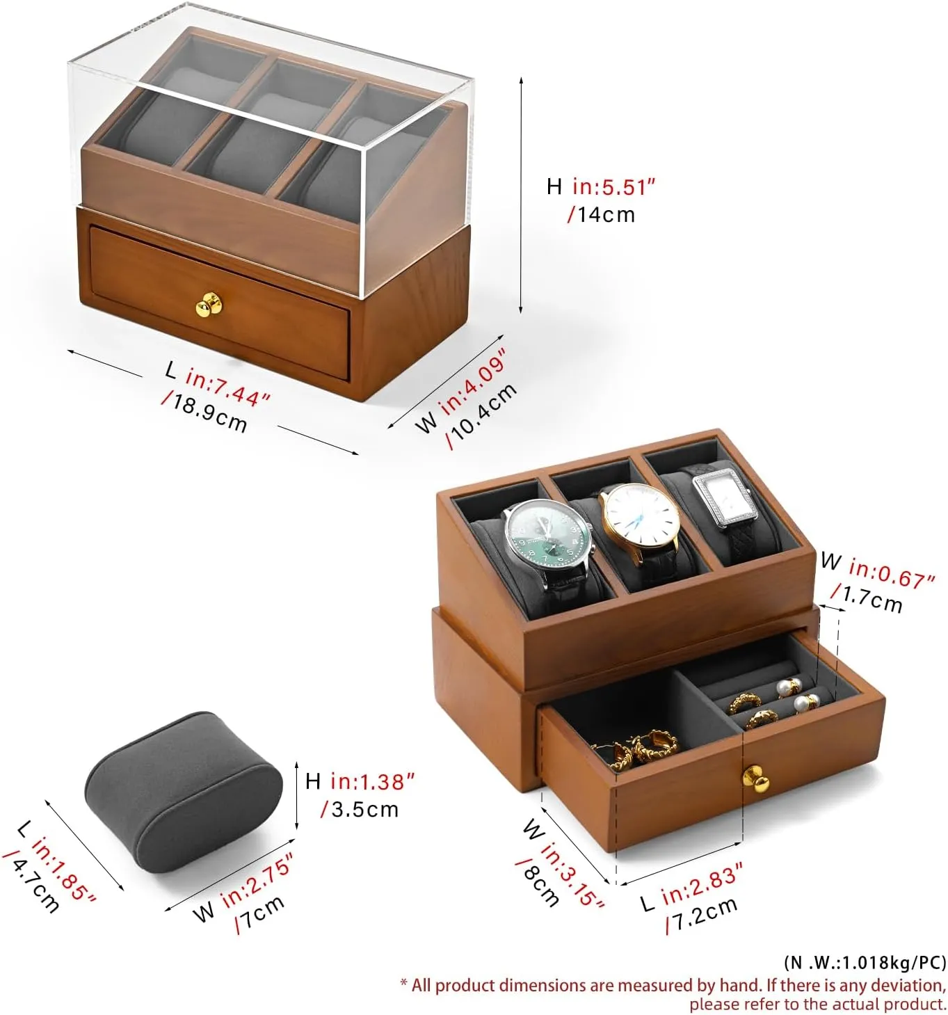 Exhibits, or Home Decor(Grey) Solid Wood Watch Display with Acrylic Cover - 3 Slots Watch Case with Drawer for Jewelry Storage, Perfect for induce crease Jewelers, 