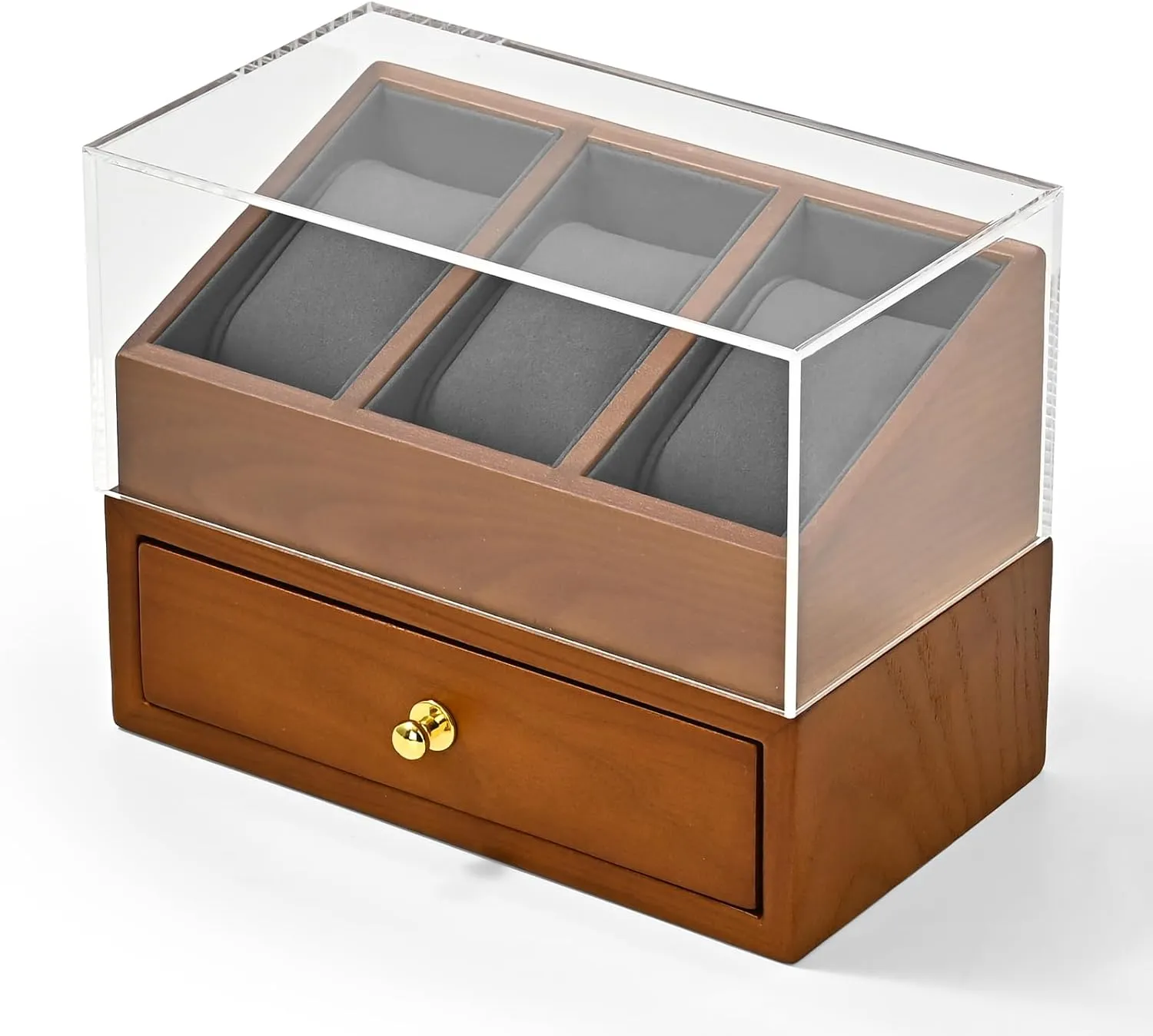 Exhibits, or Home Decor(Grey) Solid Wood Watch Display with Acrylic Cover - 3 Slots Watch Case with Drawer for Jewelry Storage, Perfect for induce crease Jewelers, 