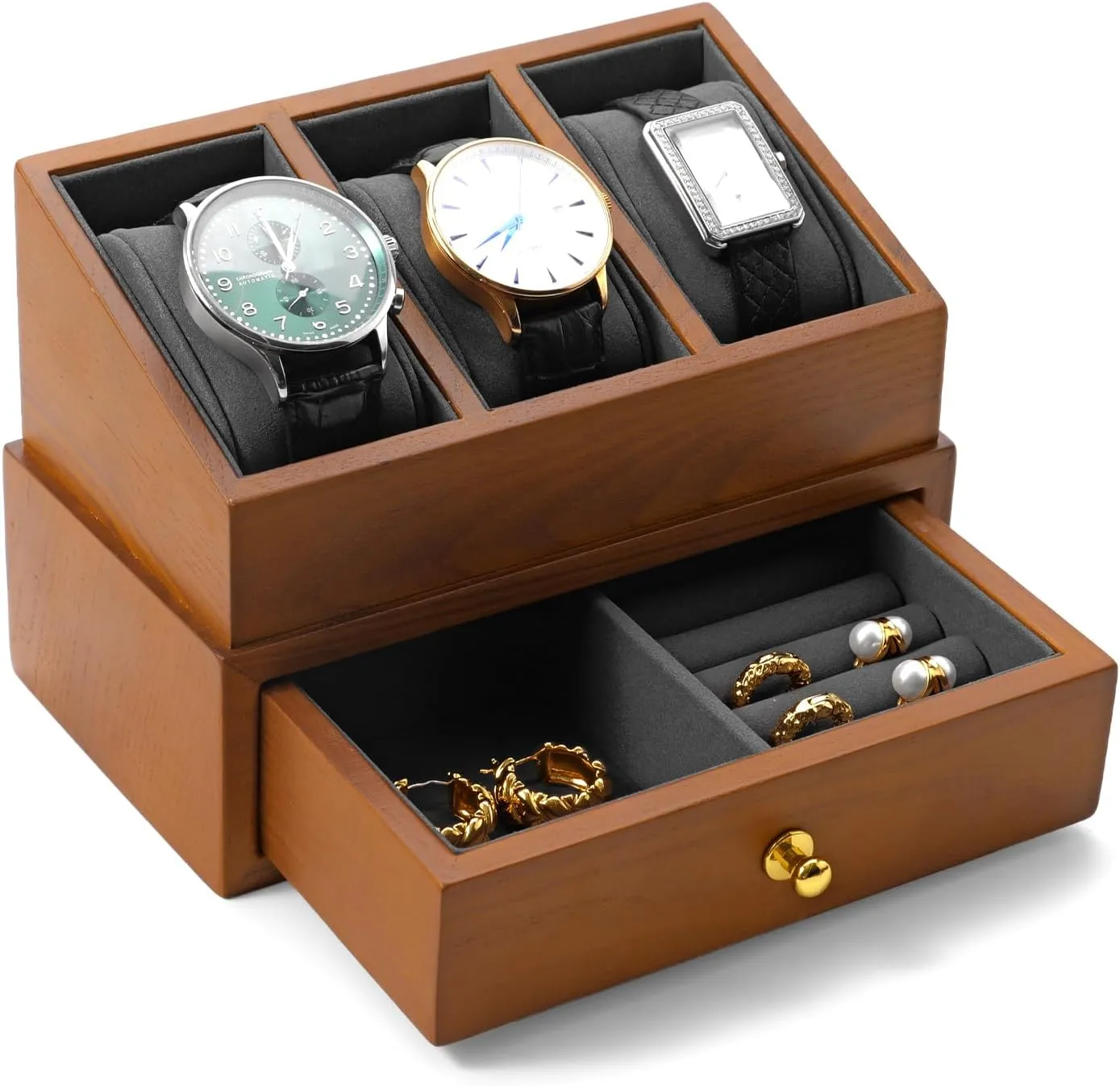 Exhibits, or Home Decor(Grey) Solid Wood Watch Display with Acrylic Cover - 3 Slots Watch Case with Drawer for Jewelry Storage, Perfect for induce crease Jewelers, 