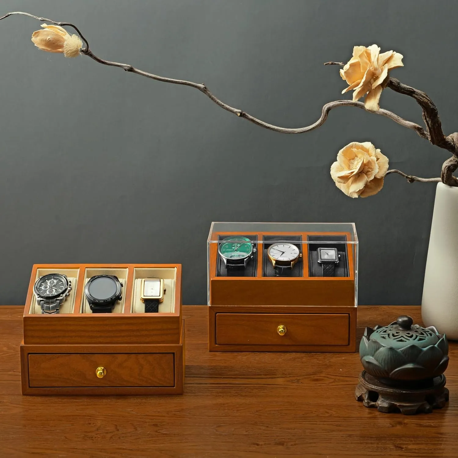 Exhibits, or Home Decor(Grey) Solid Wood Watch Display with Acrylic Cover - 3 Slots Watch Case with Drawer for Jewelry Storage, Perfect for induce crease Jewelers, 