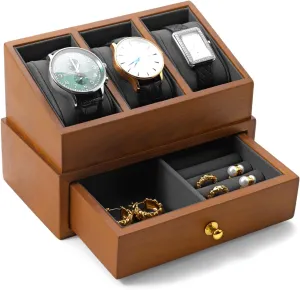 Exhibits, or Home Decor(Grey) Solid Wood Watch Display with Acrylic Cover - 3 Slots Watch Case with Drawer for Jewelry Storage, Perfect for induce crease Jewelers, 