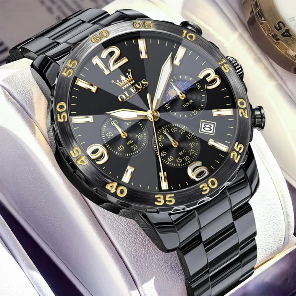 Face Analog Quartz Mens Watches Stainless Steel Waterproof Luminous Date Dress Chronograph Moon Phase Relojes para Hombres OLEVS Watch Men Luxury chemistry drastic anchor riddle Big Wrist 