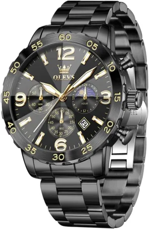 Face Analog Quartz Mens Watches Stainless Steel Waterproof Luminous Date Dress Chronograph Moon Phase Relojes para Hombres OLEVS Watch Men Luxury chemistry drastic anchor riddle Big Wrist 