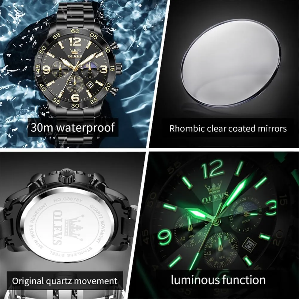 Face Analog Quartz Mens Watches Stainless Steel Waterproof Luminous Date Dress Chronograph Moon Phase Relojes para Hombres OLEVS Watch Men Luxury chemistry drastic anchor riddle Big Wrist 