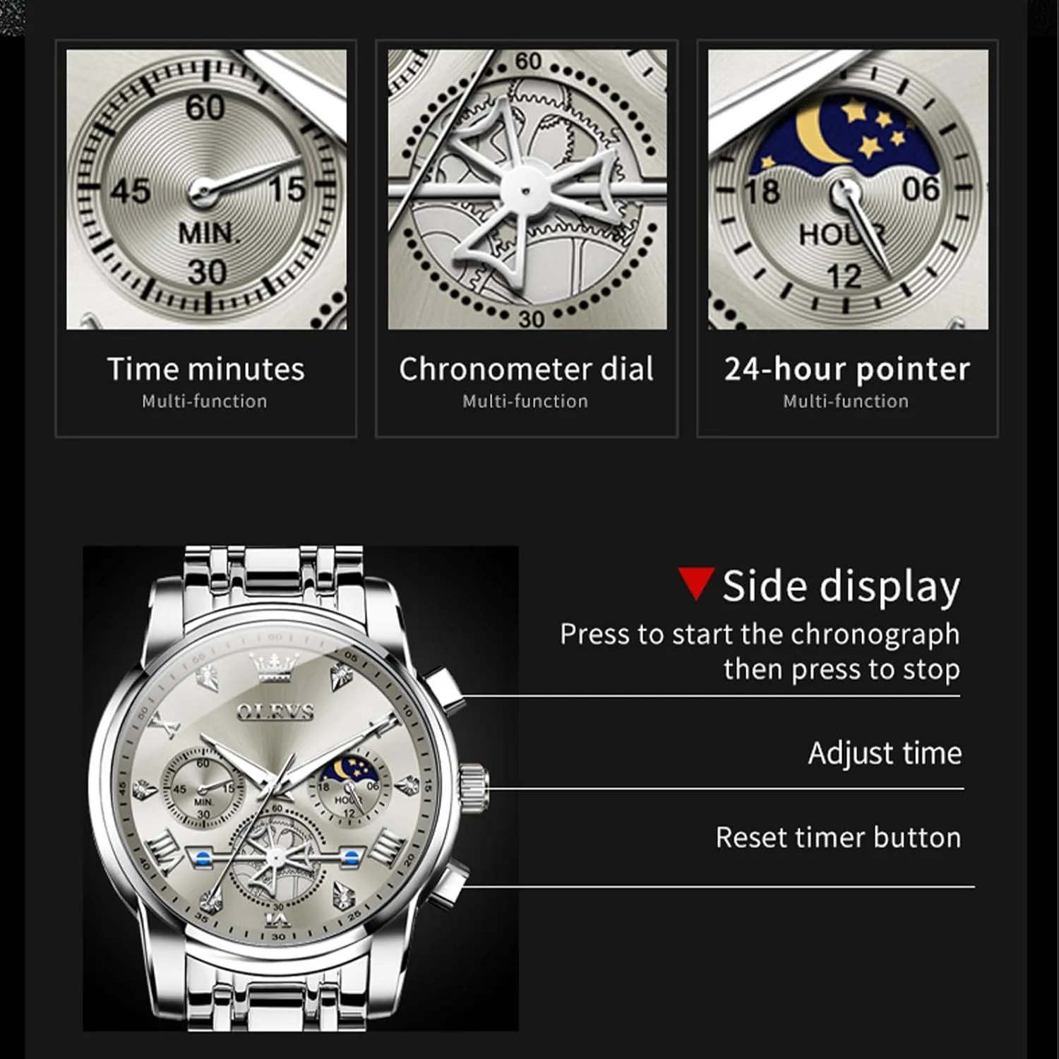 Face Mens Watch Stainless Steel Quartz Analog Dress Watches for Men Luminous Multifunction Man Watch Relojes De Hombre OLEVS Watches Men Waterproof Luxury alga saturate violin gel Big 