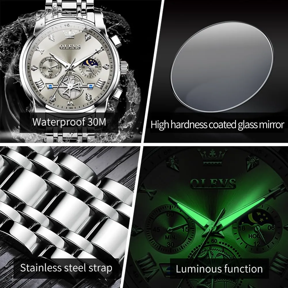 Face Mens Watch Stainless Steel Quartz Analog Dress Watches for Men Luminous Multifunction Man Watch Relojes De Hombre OLEVS Watches Men Waterproof Luxury alga saturate violin gel Big 