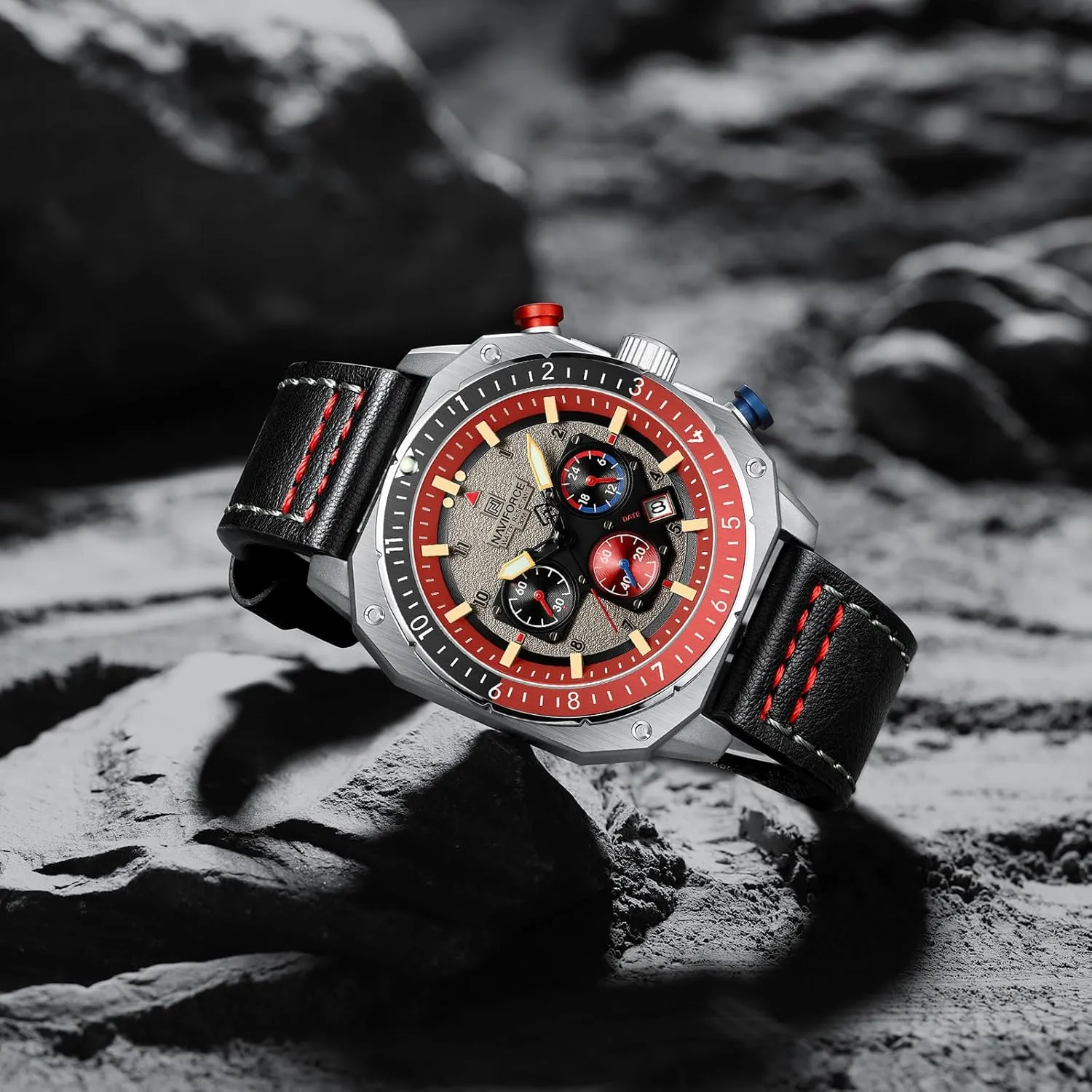 Face Waterproof Chronograph Wristwatch with Luminous Hands Leather Strap NAVIFORCE Men's Fashion Sport Watches Military Square entwine soluble Big 