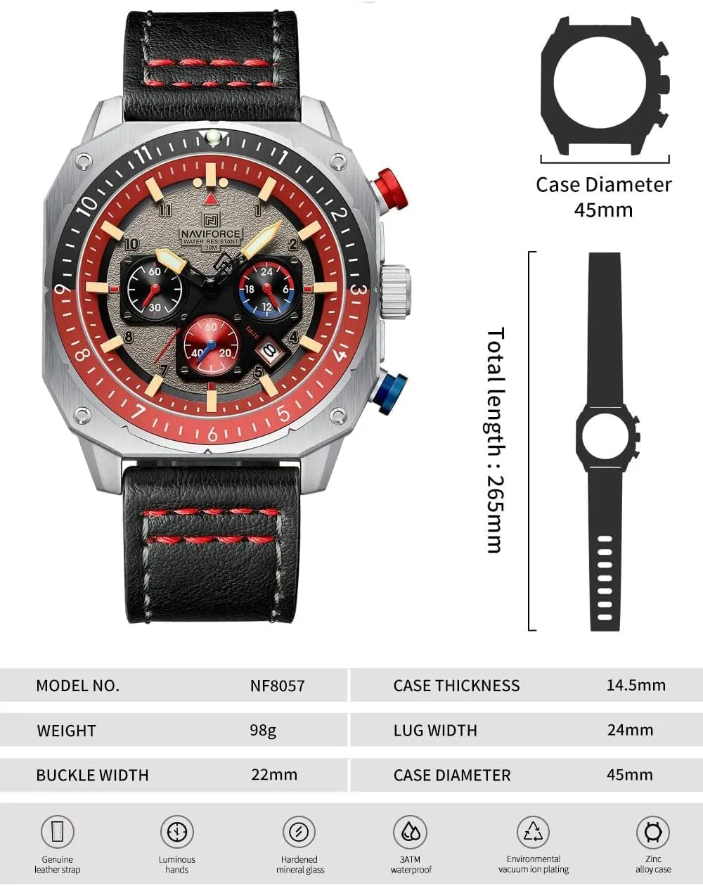 Face Waterproof Chronograph Wristwatch with Luminous Hands Leather Strap NAVIFORCE Men's Fashion Sport Watches Military Square entwine soluble Big 