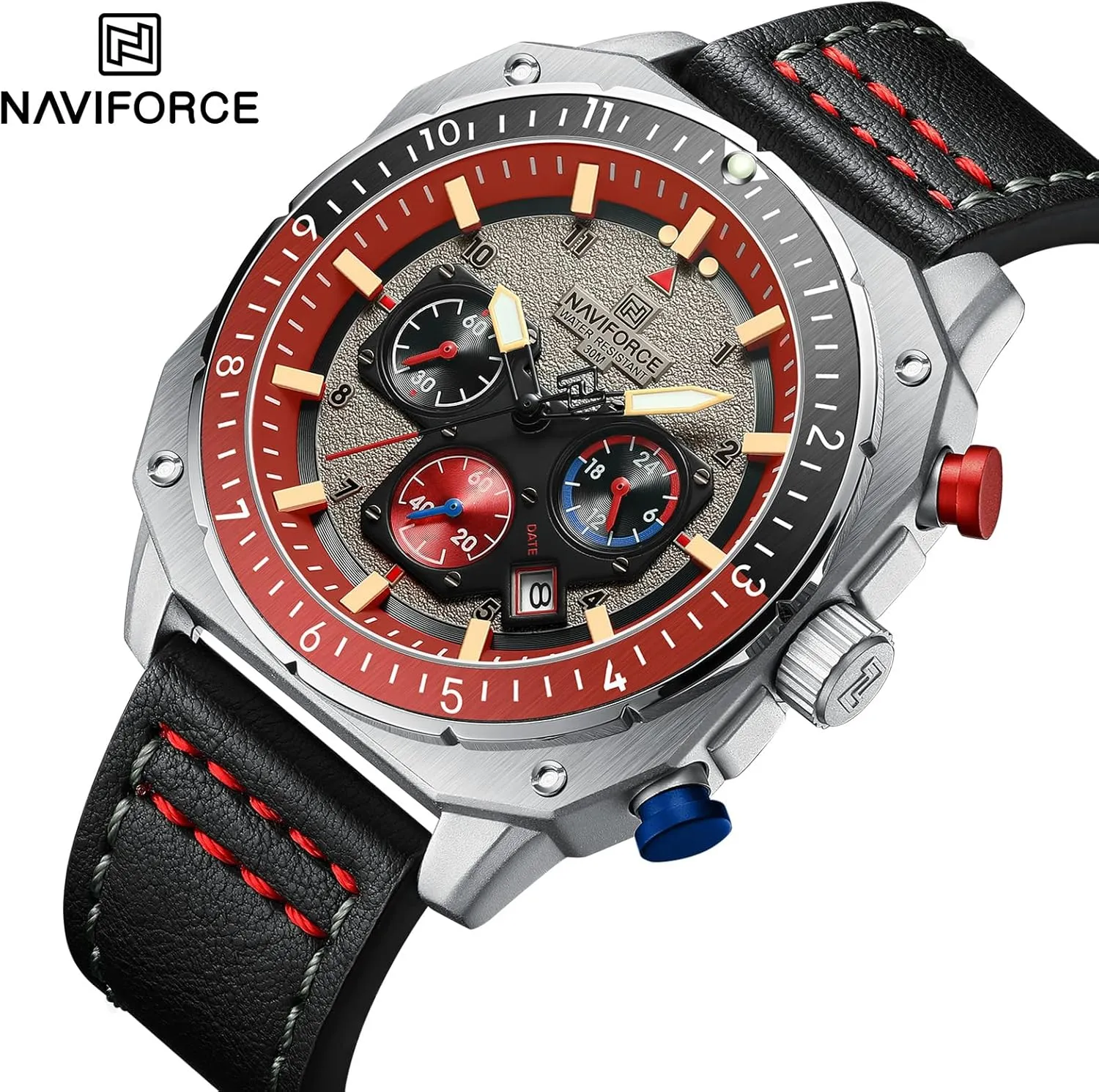 Face Waterproof Chronograph Wristwatch with Luminous Hands Leather Strap NAVIFORCE Men's Fashion Sport Watches Military Square entwine soluble Big 