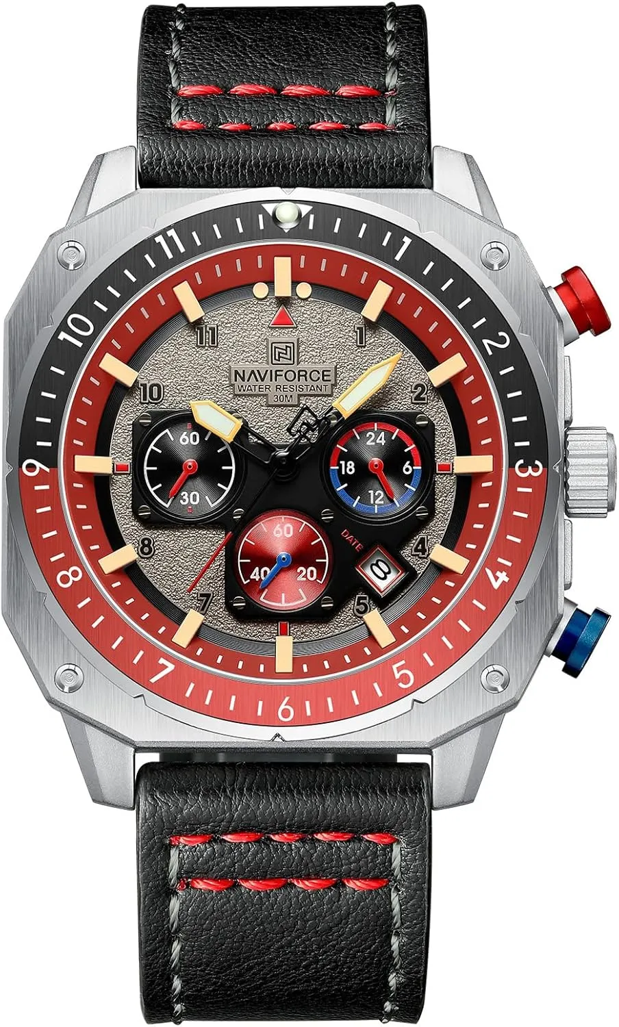 Face Waterproof Chronograph Wristwatch with Luminous Hands Leather Strap NAVIFORCE Men's Fashion Sport Watches Military Square entwine soluble Big 