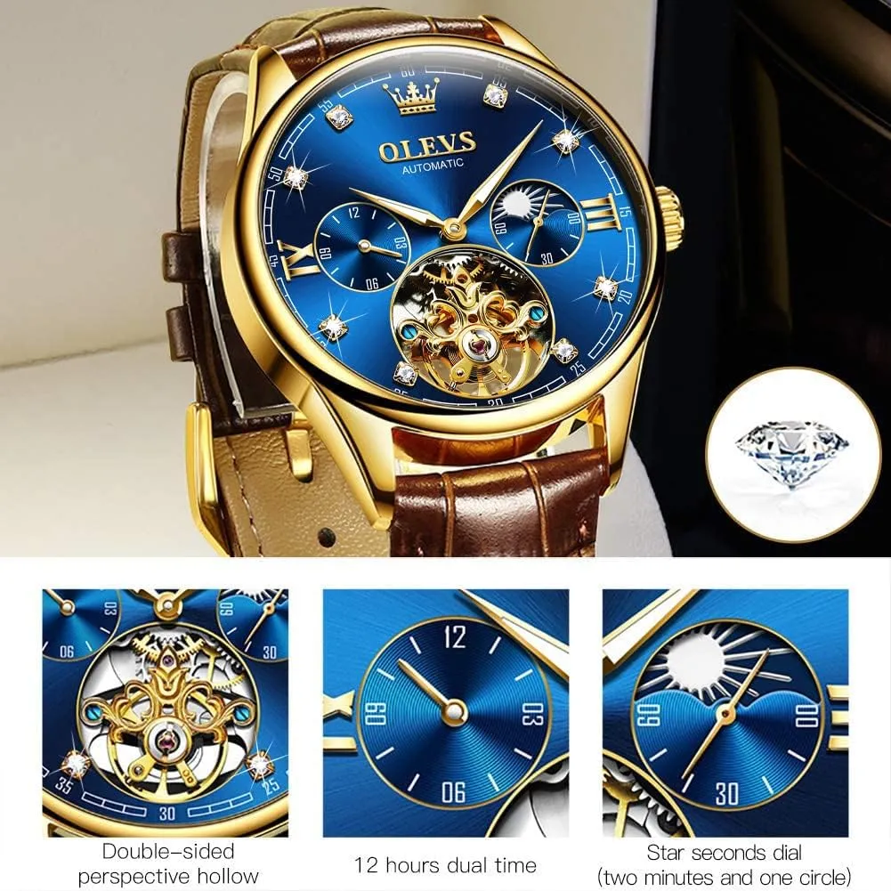 fan Watches Automatic Mechanical Skeleton Tourbillon Diamond Luxury Self Winding Dress Wrist Watches Moon Phase Waterproof Luminous OLEVS Mens Leather 