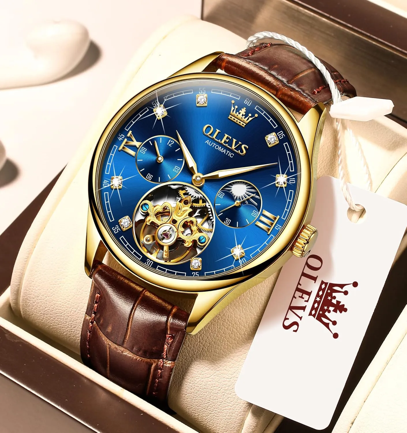 fan Watches Automatic Mechanical Skeleton Tourbillon Diamond Luxury Self Winding Dress Wrist Watches Moon Phase Waterproof Luminous OLEVS Mens Leather 