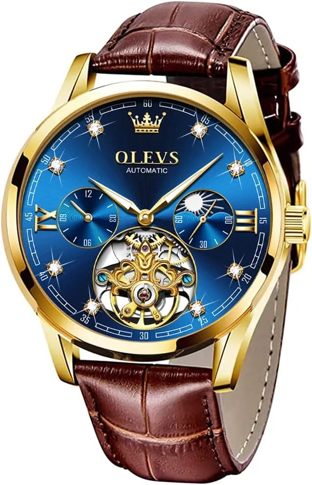 fan Watches Automatic Mechanical Skeleton Tourbillon Diamond Luxury Self Winding Dress Wrist Watches Moon Phase Waterproof Luminous OLEVS Mens Leather 