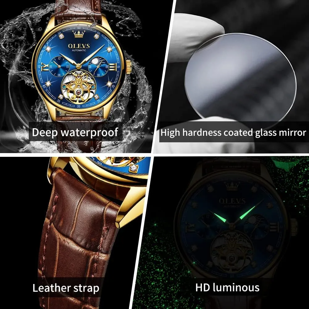 fan Watches Automatic Mechanical Skeleton Tourbillon Diamond Luxury Self Winding Dress Wrist Watches Moon Phase Waterproof Luminous OLEVS Mens Leather 