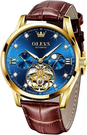 fan Watches Automatic Mechanical Skeleton Tourbillon Diamond Luxury Self Winding Dress Wrist Watches Moon Phase Waterproof Luminous OLEVS Mens Leather 