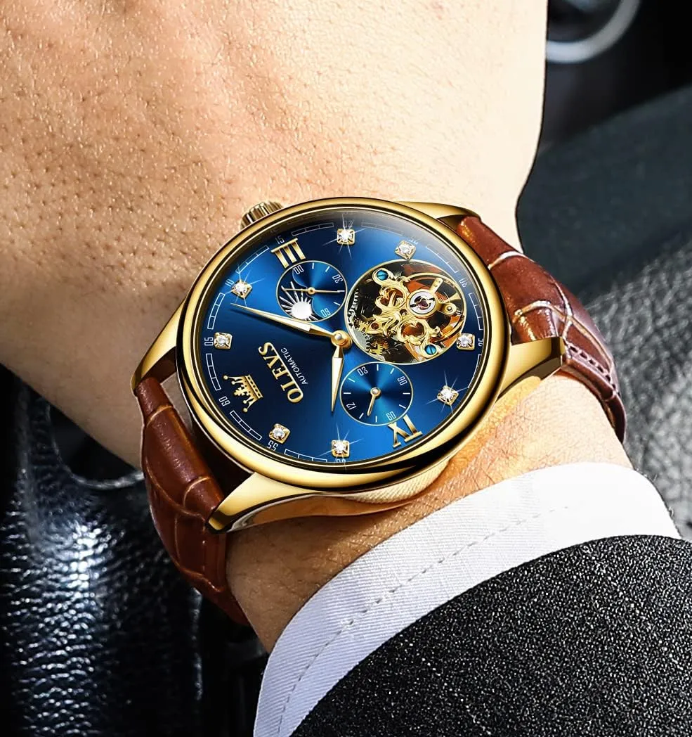 fan Watches Automatic Mechanical Skeleton Tourbillon Diamond Luxury Self Winding Dress Wrist Watches Moon Phase Waterproof Luminous OLEVS Mens Leather 