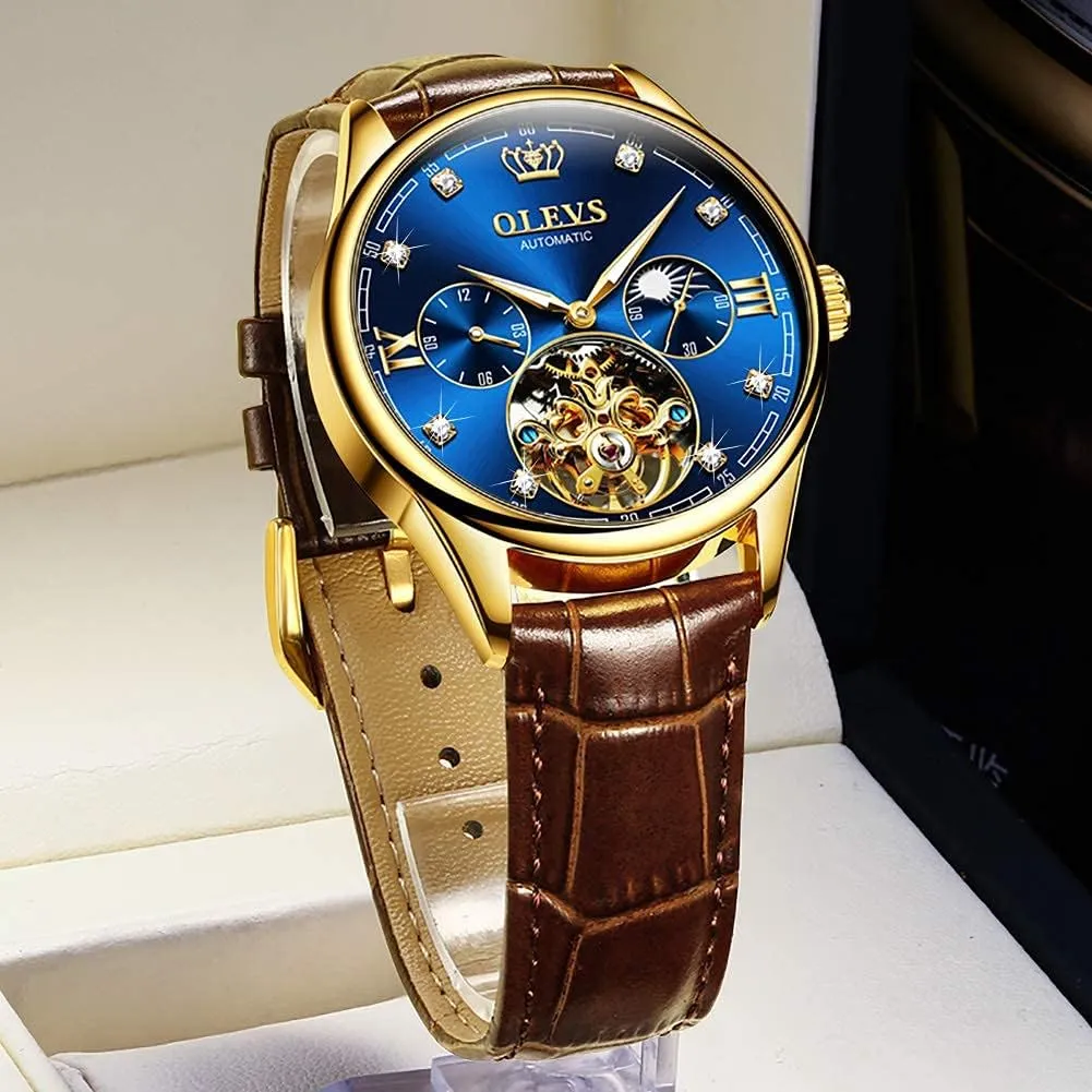 fan Watches Automatic Mechanical Skeleton Tourbillon Diamond Luxury Self Winding Dress Wrist Watches Moon Phase Waterproof Luminous OLEVS Mens Leather 