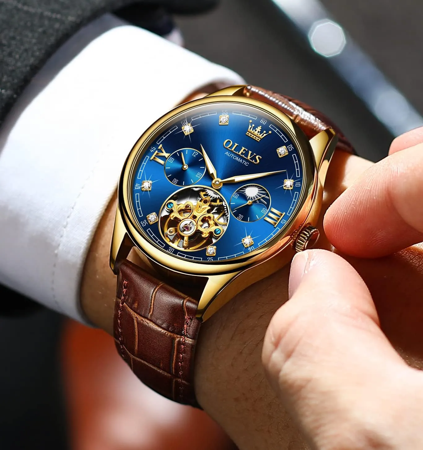 fan Watches Automatic Mechanical Skeleton Tourbillon Diamond Luxury Self Winding Dress Wrist Watches Moon Phase Waterproof Luminous OLEVS Mens Leather 