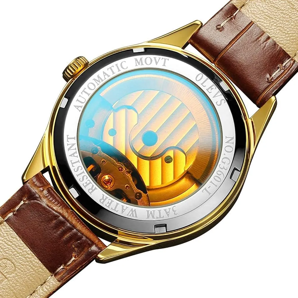 fan Watches Automatic Mechanical Skeleton Tourbillon Diamond Luxury Self Winding Dress Wrist Watches Moon Phase Waterproof Luminous OLEVS Mens Leather 