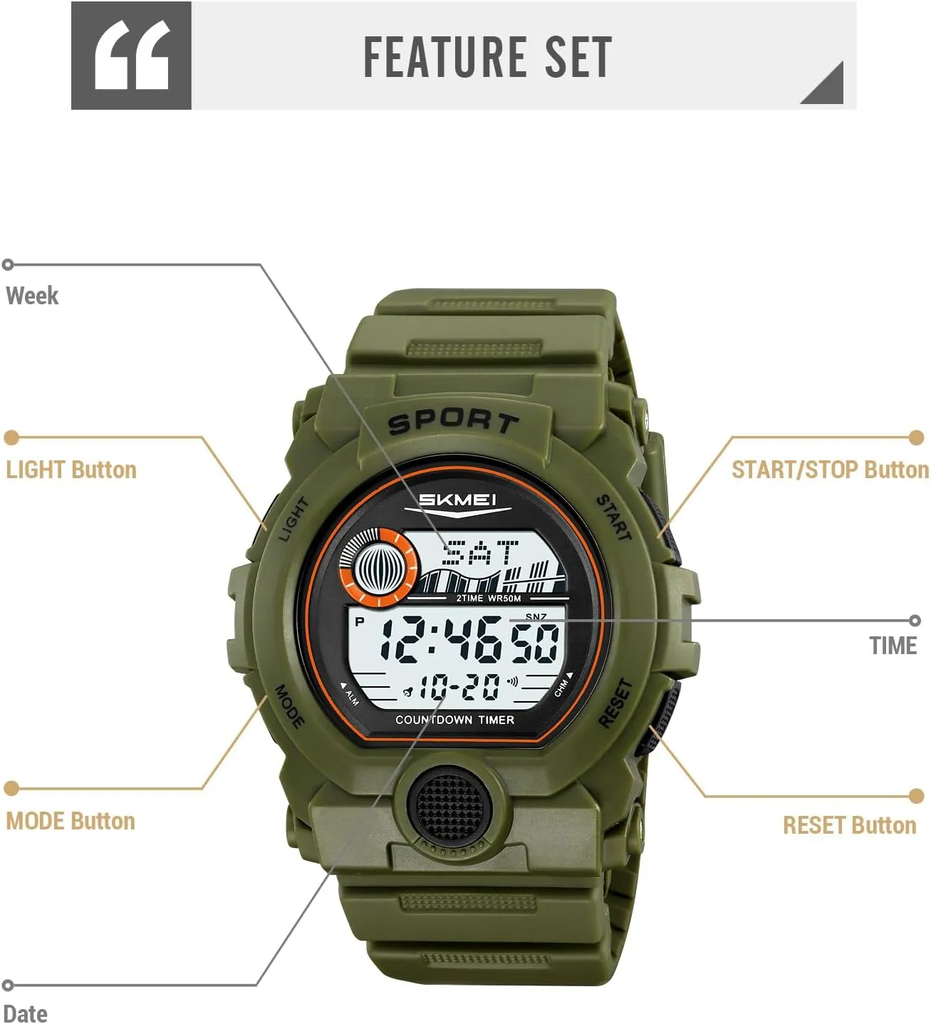 Fashion Men's Digital Watch Outdoor Sport LED Electronic Wristwatches beacon Rugged Multifunctional with 50M Waterproof Dual Time Alarm Date Gosasa 