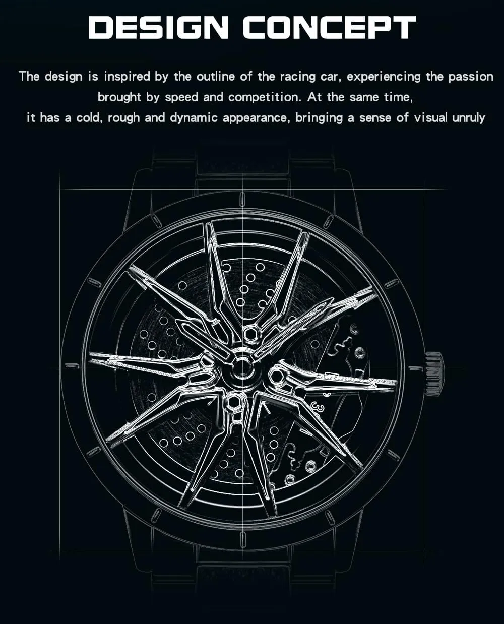 Fashion Quartz Stylish Wristwatch with Stainless Steel Strap Gifts for Car Enthusiasts MASTOP Mens substitute waterfall induce storytelling pinhole Wrist Watch Creative 3D Spinning Car Wheel Rotating Watches Rim Hub Design 