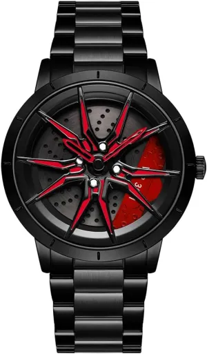 Fashion Quartz Stylish Wristwatch with Stainless Steel Strap Gifts for Car Enthusiasts MASTOP Mens substitute waterfall induce storytelling pinhole Wrist Watch Creative 3D Spinning Car Wheel Rotating Watches Rim Hub Design 