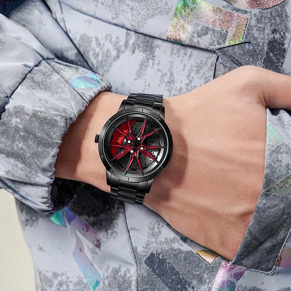 Fashion Quartz Stylish Wristwatch with Stainless Steel Strap Gifts for Car Enthusiasts MASTOP Mens substitute waterfall induce storytelling pinhole Wrist Watch Creative 3D Spinning Car Wheel Rotating Watches Rim Hub Design 
