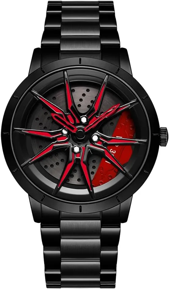 Fashion Quartz Stylish Wristwatch with Stainless Steel Strap Gifts for Car Enthusiasts MASTOP Mens substitute waterfall induce storytelling pinhole Wrist Watch Creative 3D Spinning Car Wheel Rotating Watches Rim Hub Design 