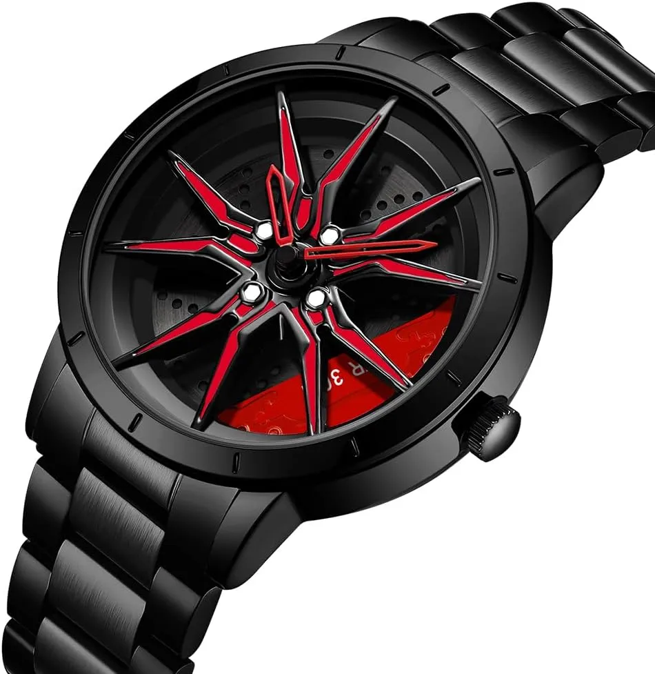Fashion Quartz Stylish Wristwatch with Stainless Steel Strap Gifts for Car Enthusiasts MASTOP Mens substitute waterfall induce storytelling pinhole Wrist Watch Creative 3D Spinning Car Wheel Rotating Watches Rim Hub Design 
